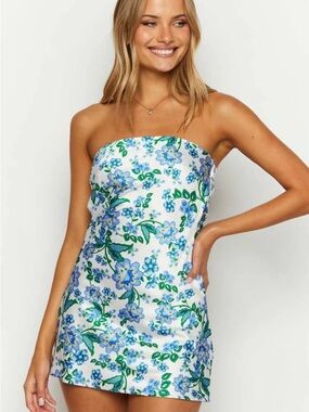 Beginning Boutique White Strapless Mini Dress with Blue and Green Floral Print